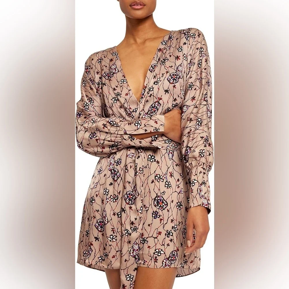 JOIE $448 Floral Satin Wrap Style Mini Ronnie Fringe Belt Dress NWT - Picture 2 of 9